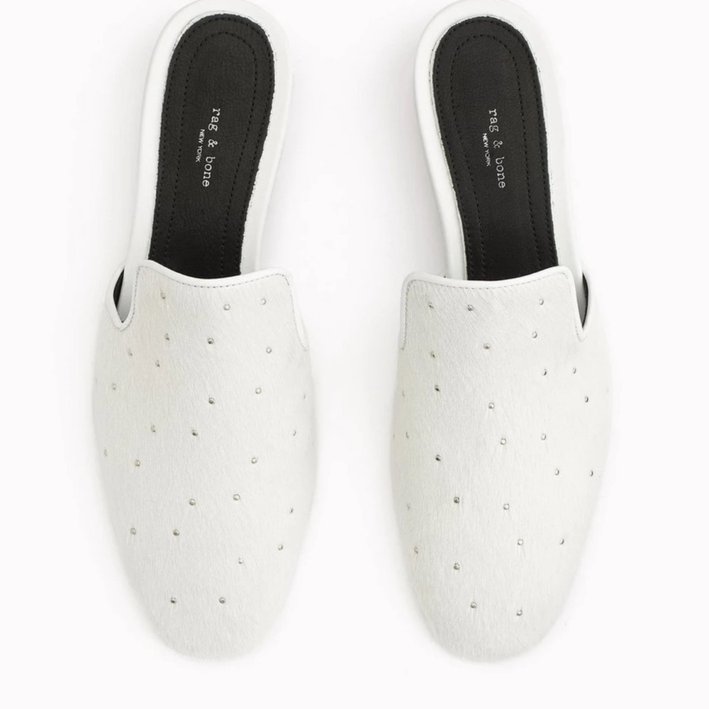 Rag & Bone Luis Silver Studded White Calf Hair Slip-On Flat Mules - Size 38